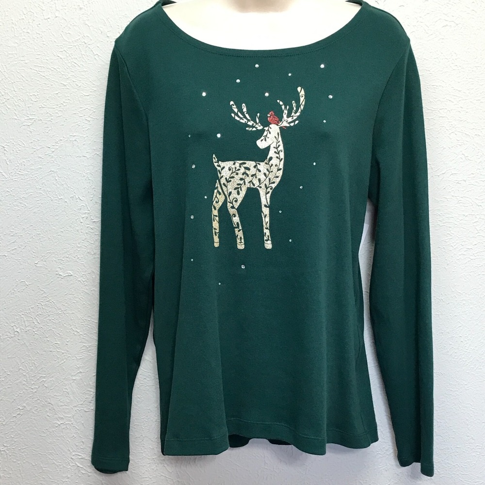 Croft & Barrow Holiday Shirt Womens Petite M Green Deer Classic Tee Long Sleeve